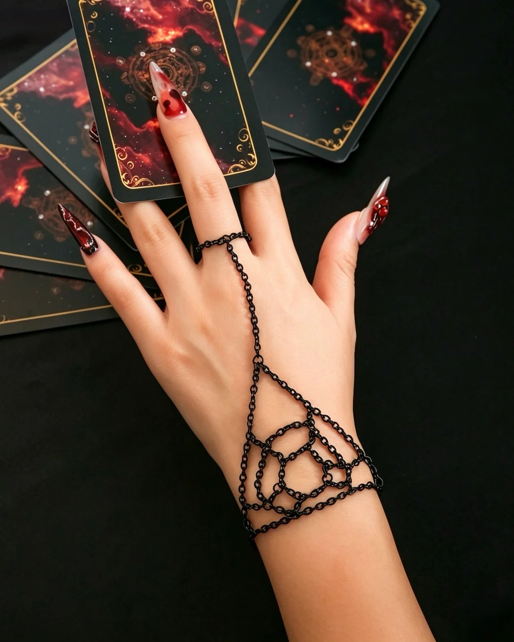 Venom and Veil Geometric Spider Web Electroplated Finger Bracelet